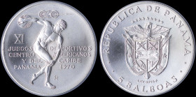 PANAMAS: 5 Balboas (1970 FM) in silver (0,925) commemorating the 11th Central American and Caribbean Games with national coat of arms. Discus thrower ...