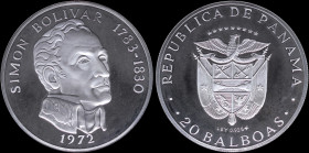 PANAMA: 20 Balboas [1972 (P)] in silver (0,925) commemorating Simon Bolivar "1783-1830" with national coat of arms. Head of Simon Bolivar facing right...