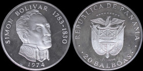 PANAMA: 20 Balboas [1974 (P)] in silver (0,925) commemorating Simon Bolivar "1783-1830" with national coat of arms. Head of Simon Bolivar facing right...