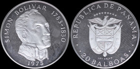 PANAMA: 20 Balboas [1975 (P)] in silver (0,925) commemorating Simon Bolivar "1783-1830" with national coat of arms. Head of Simon Bolivar facing right...