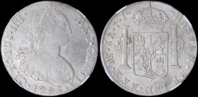 PERU: 8 Reales (1795LIMAE IJ) in silver (0,896) with bust of Charles IIII facing right. Crowned shield flanked by pillars with banner on reverse. Mint...