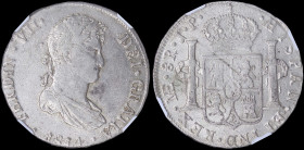 PERU: 8 Reales (1814LIMAE JP) in silver (0,896) with draped laurete bust of Ferdinand VII facing right. Crowned shield flanked by pillars with banner ...