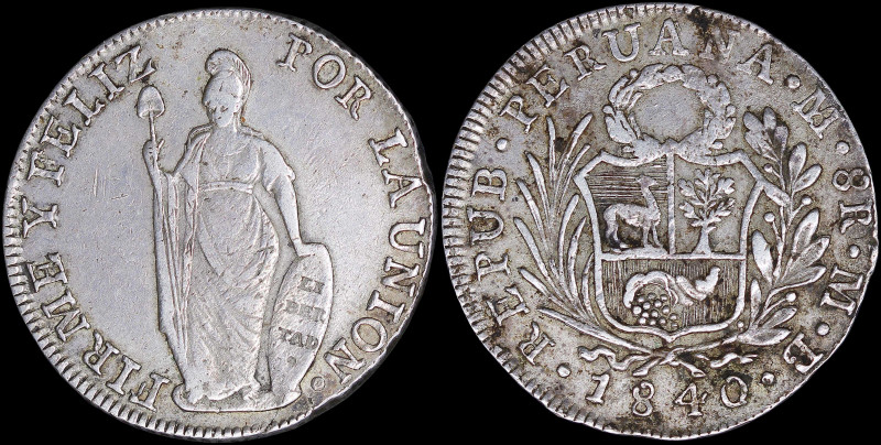 PERU: 8 Reales (1840LIMAE MB) in silver (0,903) with medium wreath above arms wi...