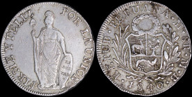 PERU: 8 Reales (1840LIMAE MB) in silver (0,903) with medium wreath above arms within sprigs and date below. Standing Liberty on reverse. (KM 142.3). V...