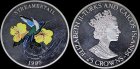 TURKS & CAICOS ISLANDS: 25 Crowns (1995) in silver (0,999) with crowned bust of Queen Elizabeth II facing right. Multicolor Streamertail bird on rever...