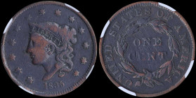 USA: 1 Cent (1835) in copper with Coronet head facing left within circle of stars. Value within wreath on reverse. Variety: Small "8" and stars. Insid...