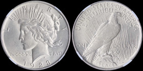 USA: 1 Dollar (1923) in silver (0,900) with capped head of Liberty facing left, headband with rays. Eagle standing on rock with wings folded on revers...