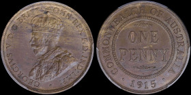 AUSTRALIA: 1 Penny (1915 H) in bronze with crowned bust of King George V facing left. Value in inner circle on reverse. Inside slab by PCGS "MS 62 BN"...