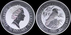 AUSTRALIA: 30 Dollars (1992) in silver (0,999) with crowned head of Queen Elizabeth II facing right within inner circle. Australian Kookaburra on stum...