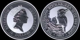 AUSTRALIA: 10 Dollars (1997) in silver (0,999) commemorating Kookaburra and Nestling with crowned head of Queen Elizabeth II facing right. Kookaburra ...