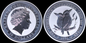 AUSTRALIA: 30 Dollars (2001) in silver (0,999) with head of Queen Elizabeth II with tiara facing right. Two kookaburras on branch on reverse. Weight: ...