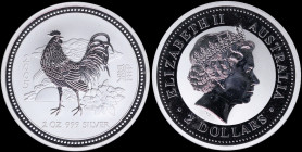 AUSTRALIA: 2 Dollars (2005) in silver (0,999) commemorating the Year of the Rooster with crowned head of Queen Elizabeth II facing right. Standing roo...