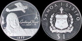 SAMOA: 1 Tala (1977) in silver (0,925) commemorating the Linbergh New York to Paris flight with national arms. Bust of Lindbergh at left, plane above,...