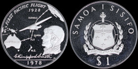 SAMOA: 1 Tala (1978) in silver (0,925) commemorating the 50th Anniversary of the First Transpacific flight with national arms. Head facing left, map, ...