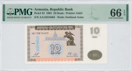 ARMENIA: 10 Dram (1993) in dark brown, light blue and pale orange on multicolor unpt with statue of David from Sasoun at upper center right and main r...