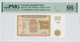 ARMENIA: 25 Dram (1993) in brown and light red on multicolor unpt with frieze with lion from Erebuni Castle at center right and cuneiform tablet at up...