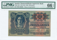 AUSTRIA: 20 Kronen (ND 1919 / old date 2.1.1913) in blue on green and red unpt with portrait of woman at upper left and arms at upper right. S/N: "103...