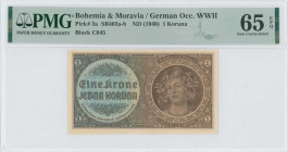 BOHEMIA & MORAVIA: 1 Koruna (ND 1940) in brown on blue unpt with girl at right at right. S/N: "C 045". Inside holder by PMG "Gem Uncirculated 65 EPQ"....