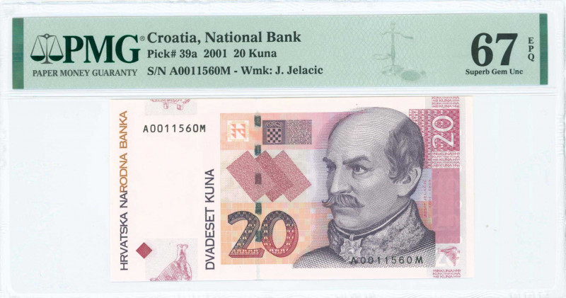 CROATIA: 20 Kuna (7.3.2001) in dark red on multicolor unpt with Josip Jelacic at...