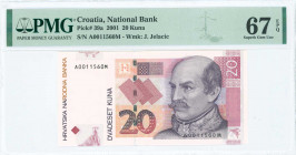 CROATIA: 20 Kuna (7.3.2001) in dark red on multicolor unpt with Josip Jelacic at right. S/N: "A 0011560 M". WMK: Jelacic. Printed by G&D. Inside holde...
