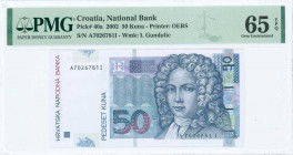 CROATIA: 50 Kuna (7.3.2002) in dark blue on multicolor unpt with Ivan Gundulic at right. S/N: "A 7026781 I". WMK: I. Gundulic. Printed by OEBS, Austri...