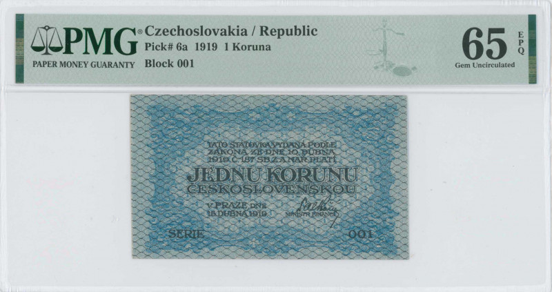 CZECHOSLOVAKIA: 1 Koruna (15.4.1919) in blue. First series "001". Printed by (Ha...