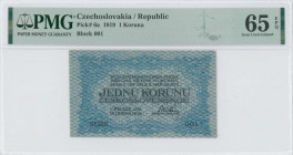 CZECHOSLOVAKIA: 1 Koruna (15.4.1919) in blue. First series "001". Printed by (Haase, Prague). Inside holder by PMG "Gem Uncirculated 65 EPQ". (Pick 6a...