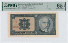 CZECHOSLOVAKIA: 20 Korun (1.10.1926) in blue-violet, brown and red with portrait of General Milan Rastislav Stefanik at left and arms at right. S/N: "...