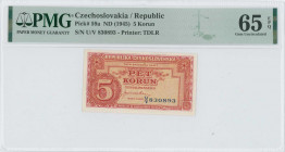 CZECHOSLOVAKIA: 5 Korun (ND 1945) in red on yellow unpt. S/N: "U/V 830893". Printed by TDLR. Inside holder by PMG "Gem Uncirculated 65 EPQ". (Pick 59a...