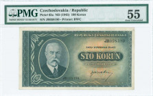CZECHOSLOVAKIA: 100 Korun (ND 1945) in black-green on orange and green unpt with portrait of president Tomas G Masaryk at left. S/N: "JR 058180". Prin...