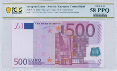 EUROPEAN UNION / AUSTRIA: 500 Euro (2002) in purple and multicolor with gate in modern architecture. S/N: "N15012422994". Printing press and plate "F0...