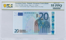 EUROPEAN UNION / FINLAND: 20 Euro (2002) in blue and multicolor with gate in gothic architecture. S/N: "L26141397449". Printing press and plate "H006E...