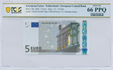EUROPEAN UNION / NETHERLANDS: 5 Euro (2002) in gray and multicolor with gate in classical architecture at right. S/N: "P26545433509". Printing press a...