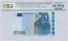 EUROPEAN UNION / NETHERLANDS: 20 Euro (2002) in blue and multicolor with gate in gothic architecture. S/N: "P15252018022". Printing press and plate "G...