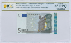 EUROPEAN UNION / NETHERLANDS: 5 Euro (2002) in gray and multicolor with gate in classical architecture at right. S/N: "P26351802163". Printing press a...