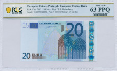 EUROPEAN UNION / PORTUGAL: 20 Euro (2002) in blue and multicolor with gate in gothic architecture. S/N: "M01771422016". Printing press and plate "H005...