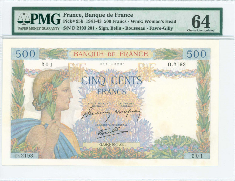 FRANCE: 500 Francs (6.2.1941) in green, lilac and multicolor with Pax with wreat...