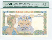 FRANCE: 500 Francs (6.2.1941) in green, lilac and multicolor with Pax with wreath at left. S/N: "D.2193 201". WMK: Pax head. Signatures by Belin, Rous...