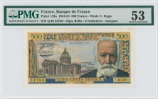 FRANCE: 500 Francs (2.9.1954) in blue, orange and multicolor with building at left and Victor Hugo at right. S/N: "Q.49 33788". Signatures by Belin, G...
