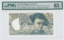FRANCE: 50 Francs (1988) in deep blue-black on multicolor unpt with Maurice Quentin de la Tour at center right and Palace of Versailles at left center...