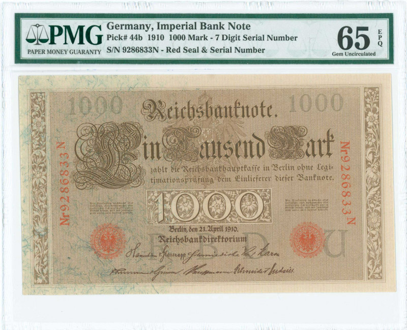 GERMANY: 1000 Mark (21.4.1910) in brown. S/N: "9286833 N". Inside holder by PMG ...
