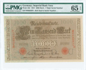 GERMANY: 1000 Mark (21.4.1910) in brown. S/N: "9286833 N". Inside holder by PMG "Gem Uncirculated 65 EPQ". (Pick 44b).