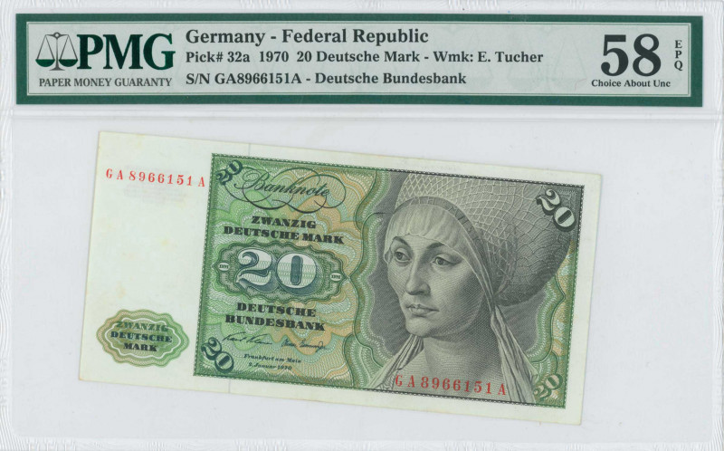 GERMANY / FEDERAL REPUBLIC: 20 Deutsche Mark (2.1.1970) in black and green on mu...
