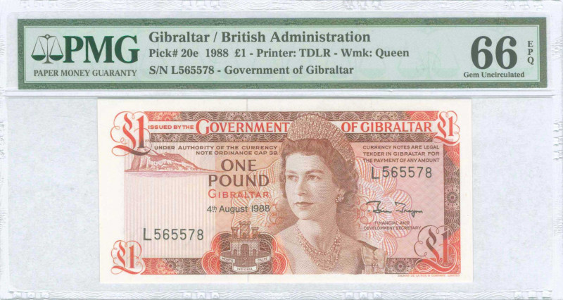 GIBRALTAR: 1 Pound (4.8.1988) in brown and red on multicolor unpt with Queen Eli...