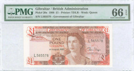 GIBRALTAR: 1 Pound (4.8.1988) in brown and red on multicolor unpt with Queen Elizabeth II at center right. S/N: "L 565578". WMK: Queen Elizabeth II. P...