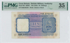 GREAT BRITAIN / BRITISH MILITARY AUTHORITY: 10 Shillings (ND 1943) in blue on olive and lilac unpt with lion on crown device. S/N: "04K 846248". WMK: ...