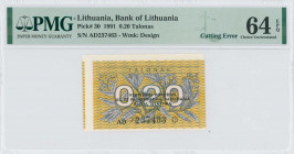 LITHUANIA: 0,20 Talonas (1991) in lilac on green and gold unpt with plants and three line of black text at center. S/N: "AD 237463". WMK: Design. Insi...