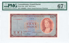 LUXEMBOURG: 100 Francs (15.6.1956) in red-brown on blue and multicolor unpt with portrait of Grand Duchess Charlotte with tiara at right. S/N: "A 6508...
