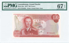 LUXEMBOURG: 100 Francs (15.7.1970) in red on multicolor unpt with Grand Duke Jean at left center. S/N: "D 728420". WMK: Grand Duke Jean. Inside holder...