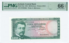 ICELAND: 500 Kronur (Law 1961) in green on lilac and multicolor unpt with Hannes Hafstein at left. S/N: "F 3795962". WMK: S Bjornsson. Printed by (BWC...